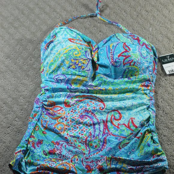 NWT Lauren Ralph Lauren Aqua Multi-color Ruched Tankini Top - Picture 1 of 3